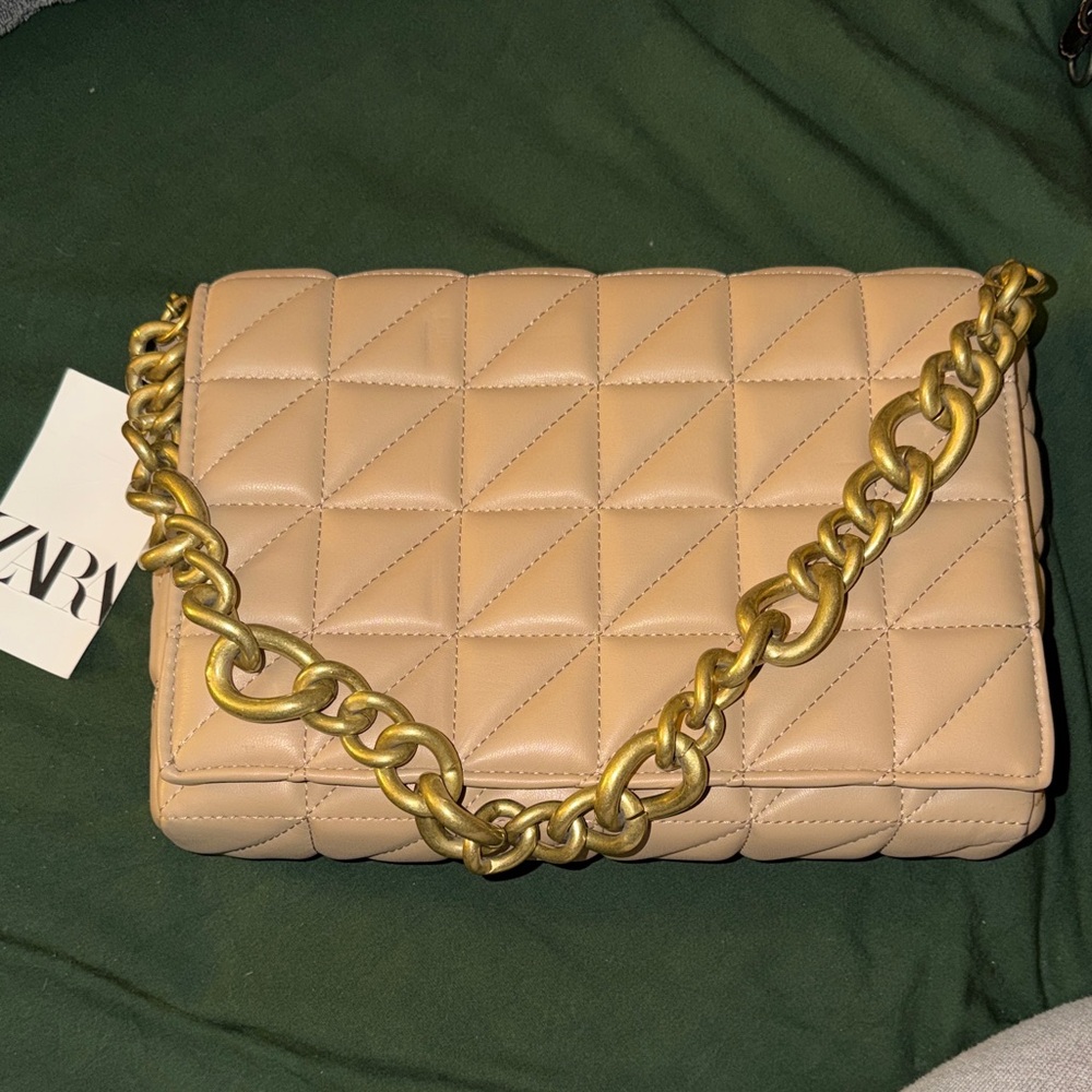 Zara Beige Quilted Shoulder Bag with Gold Chain